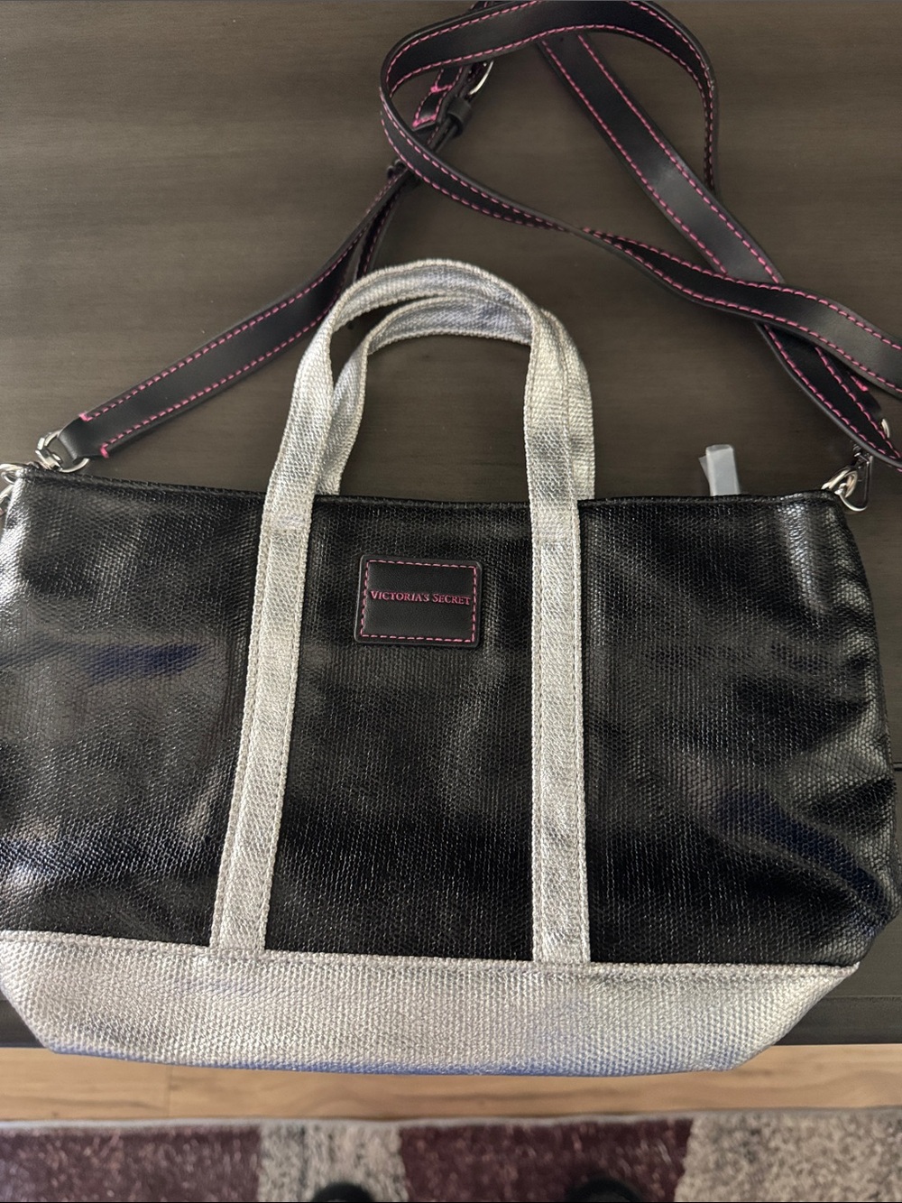 Victoria's Secret Black Tote with Silver Trim and Pink-Stitched Strap P 12